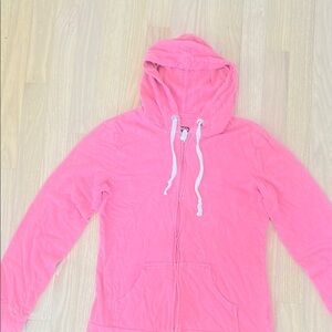 Coral Zip-Up Hoodie with White Drawstrings